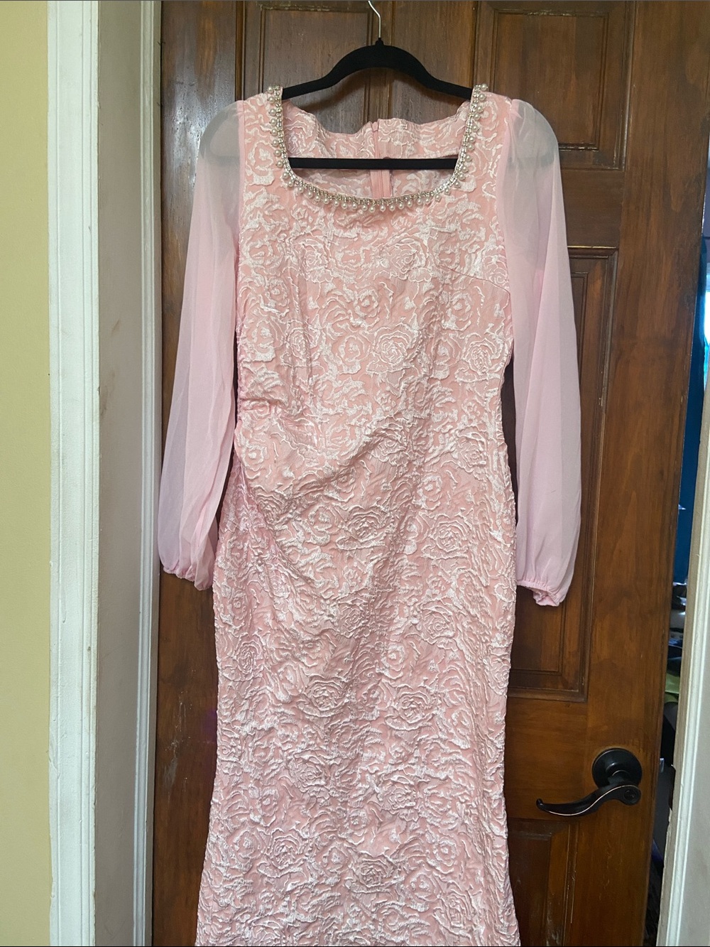 Beaded Neckline Pink Lace Long-Sleeve Dress